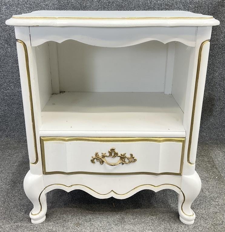 Vintage French Provincial Nightstand, Ivory White & Gold Bedside Table, 1960s French Country Accent Table with Drawer