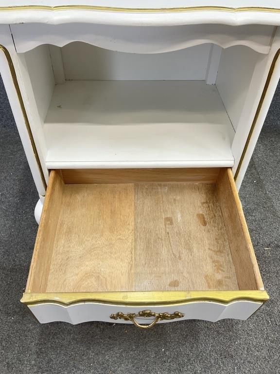 Vintage French Provincial Nightstand, Ivory White & Gold Bedside Table, 1960s French Country Accent Table with Drawer