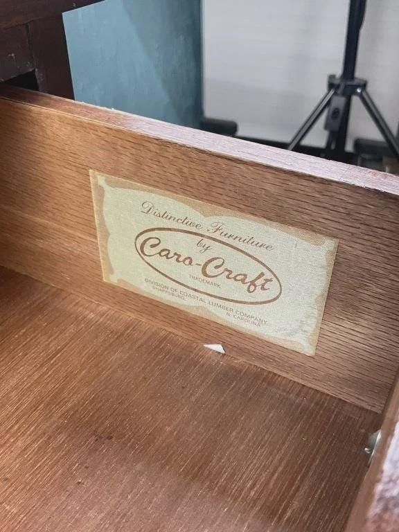 Vintage Caro-Craft Mahogany Nightstands – Matching Pair of Four-Drawer Bedside Chests, Brass Hardware, American Colonial Revival Furniture