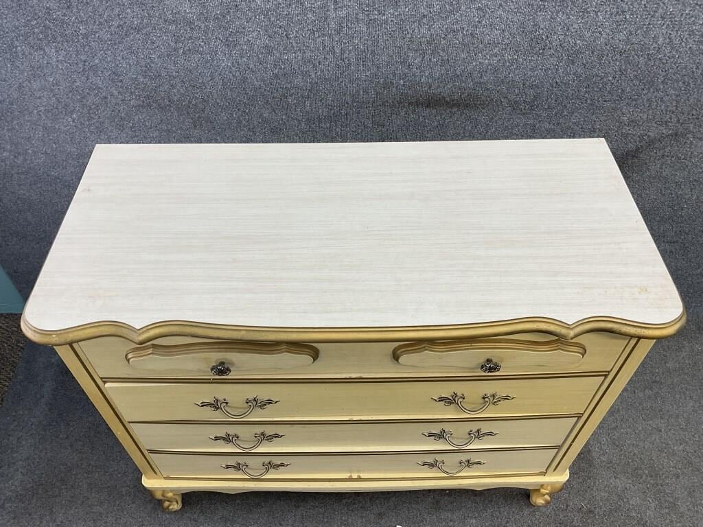 Vintage French Provincial Chest of Drawers | Cream & Gold Four-Drawer Dresser | Ornate French Country Bedroom Furniture