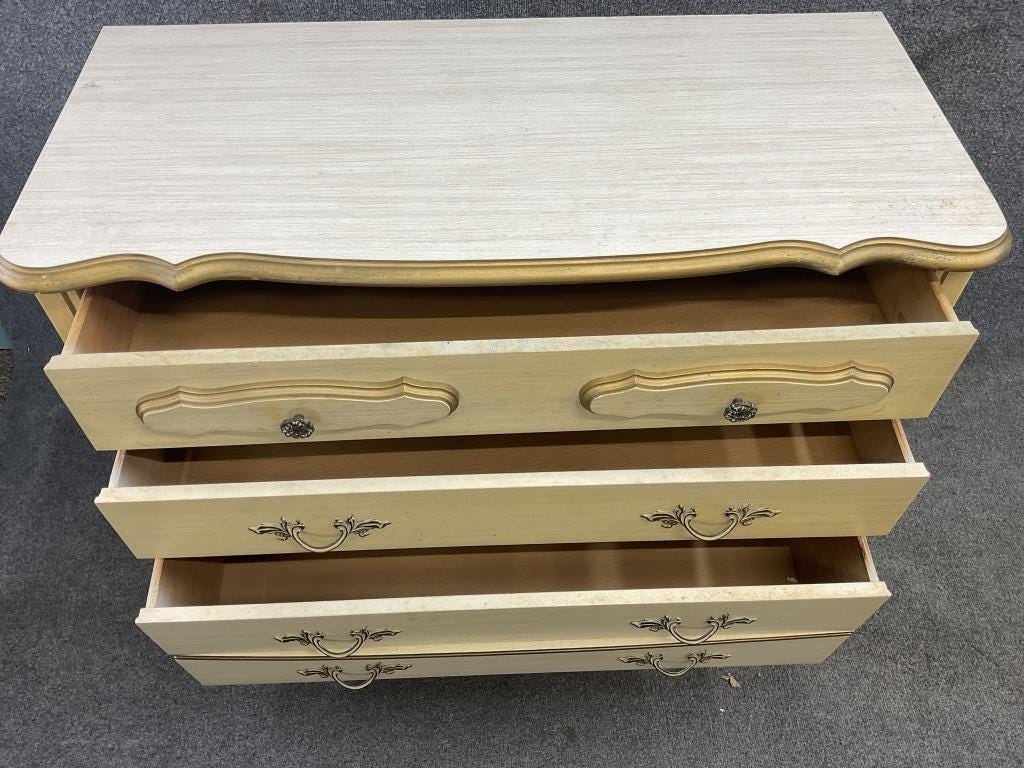 Vintage French Provincial Chest of Drawers | Cream & Gold Four-Drawer Dresser | Ornate French Country Bedroom Furniture