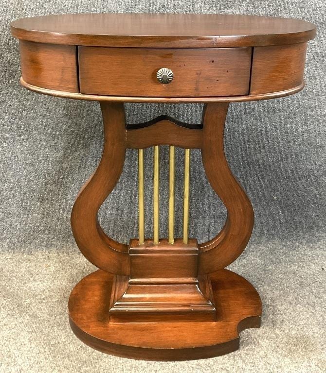 Vintage Lyre Harp Accent Table with Drawer | Oval Side Table | Neoclassical Regency Style Furniture