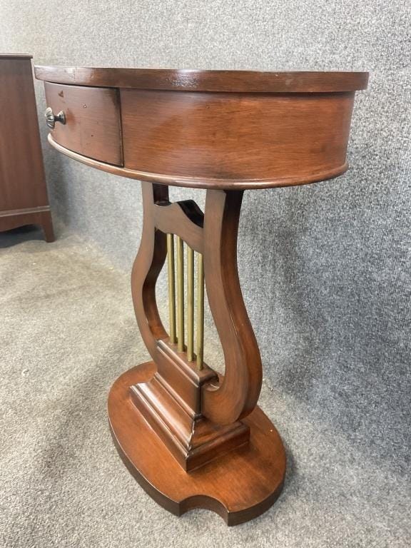 Vintage Lyre Harp Accent Table with Drawer | Oval Side Table | Neoclassical Regency Style Furniture