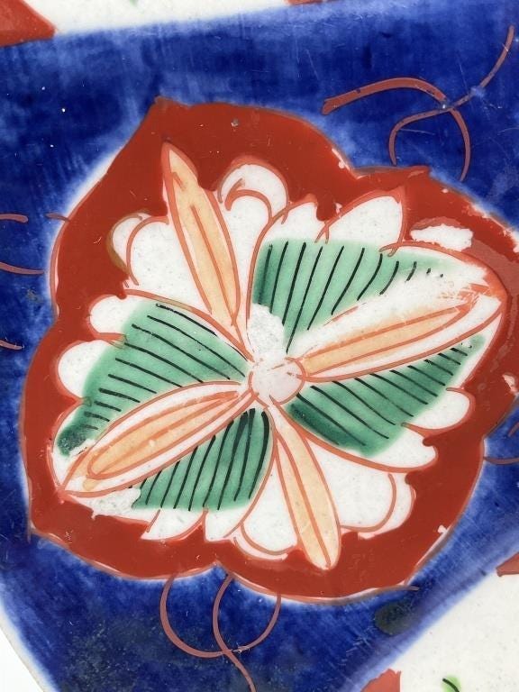 Antique Imari Style Porcelain Charger 12” Hand Painted Japanese Plate Scalloped Red Blue Green Wall Decor
