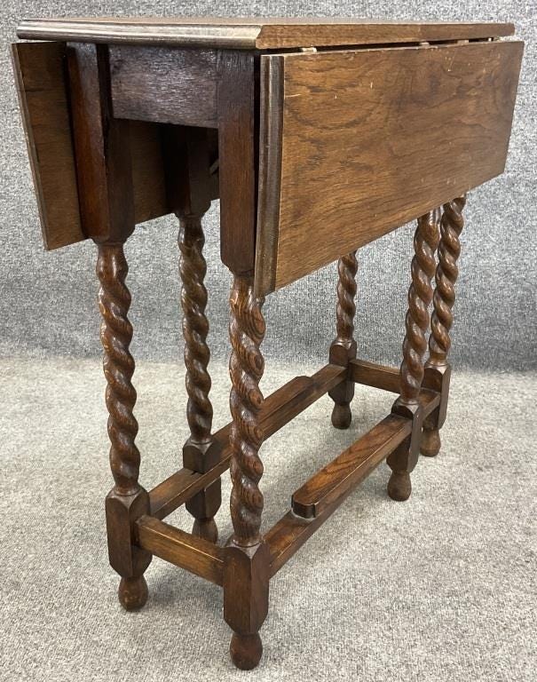 Antique Oak Barley Twist Drop Leaf Kitchen Table | English Gateleg Breakfast Dining Table | Jacobean Style