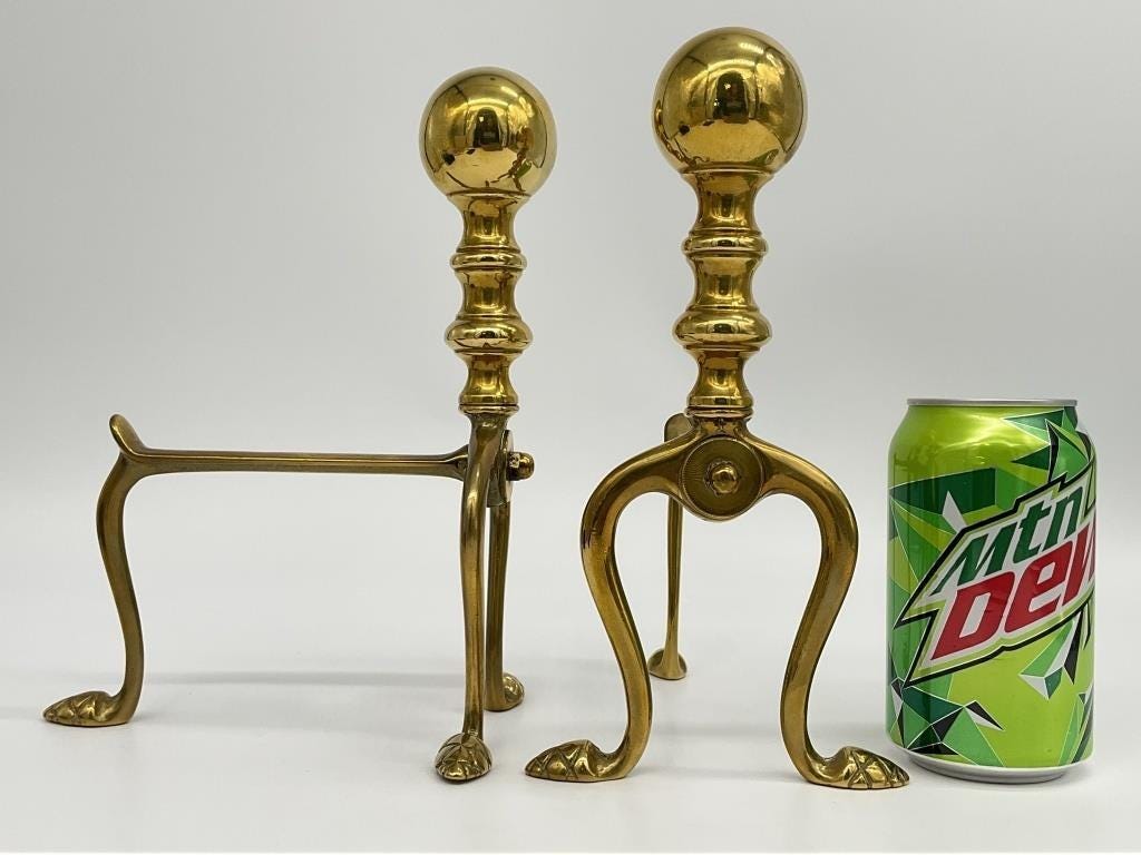 Antique Petite Brass Cannonball Andirons c. 1900 | Small Federal Fireplace Fire Dogs | Colonial Revival Brass Hearth Decor