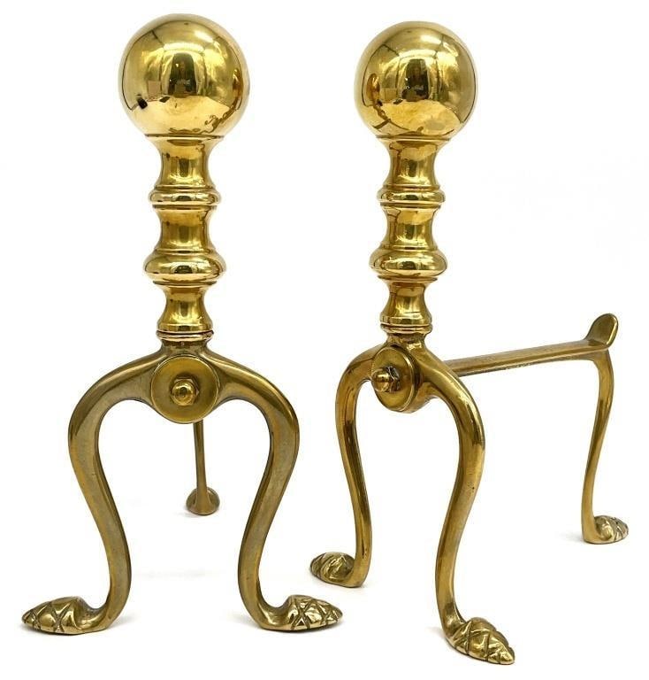 Antique Petite Brass Cannonball Andirons c. 1900 | Small Federal Fireplace Fire Dogs | Colonial Revival Brass Hearth Decor