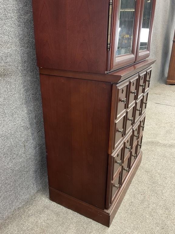 Vintage Bombay Company Apothecary Style Display Cabinet, Glass Door Bookcase with Two Large Drawers, Traditional Wood Storage Hutch