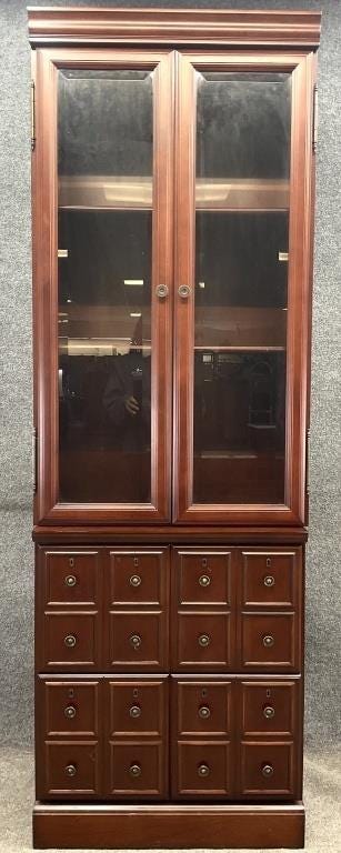 Vintage Bombay Company Apothecary Style Display Cabinet, Glass Door Bookcase with Two Large Drawers, Traditional Wood Storage Hutch