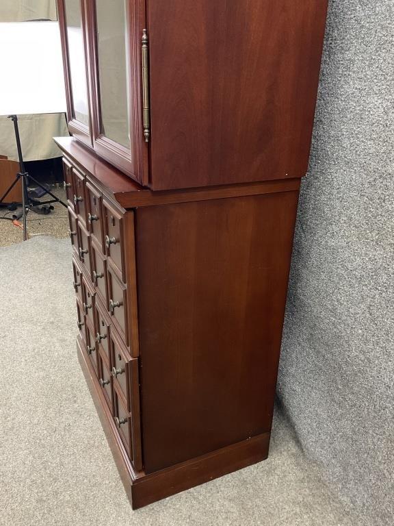 Vintage Bombay Company Apothecary Style Display Cabinet, Glass Door Bookcase with Two Large Drawers, Traditional Wood Storage Hutch