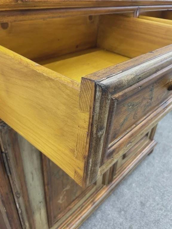 Vintage Hand-Painted Pine Cabinet | European Country Farmhouse Sideboard | Distressed Sage Green & Floral Storage Chest