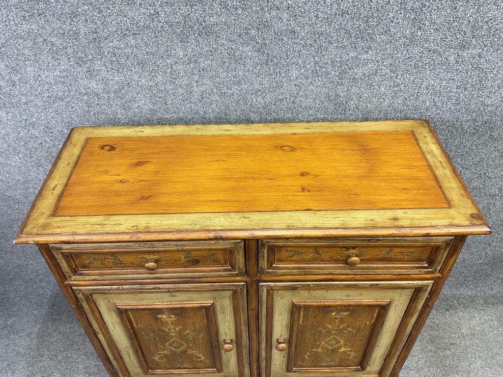 Vintage Hand-Painted Pine Cabinet | European Country Farmhouse Sideboard | Distressed Sage Green & Floral Storage Chest