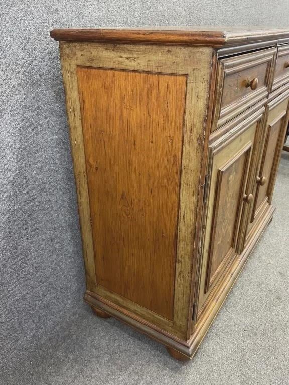 Vintage Hand-Painted Pine Cabinet | European Country Farmhouse Sideboard | Distressed Sage Green & Floral Storage Chest