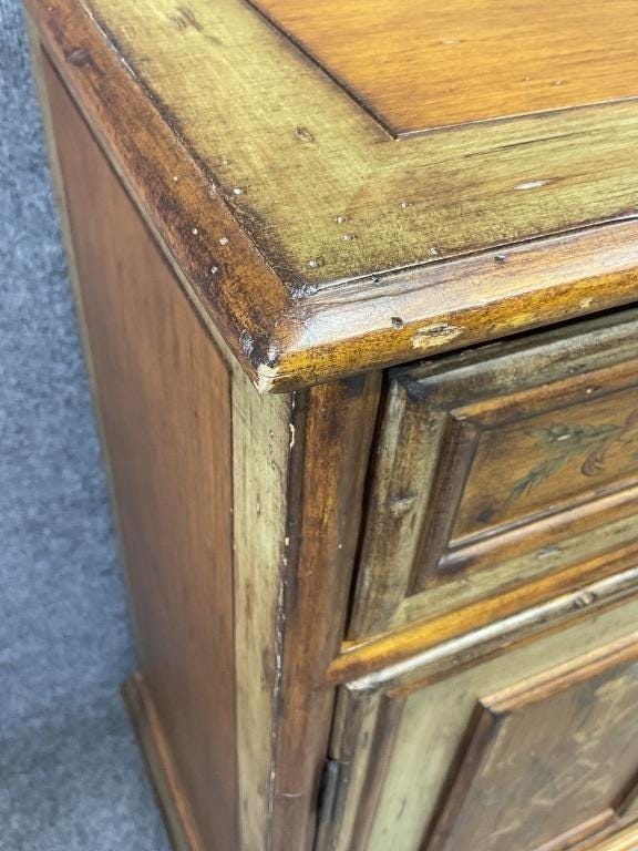 Vintage Hand-Painted Pine Cabinet | European Country Farmhouse Sideboard | Distressed Sage Green & Floral Storage Chest