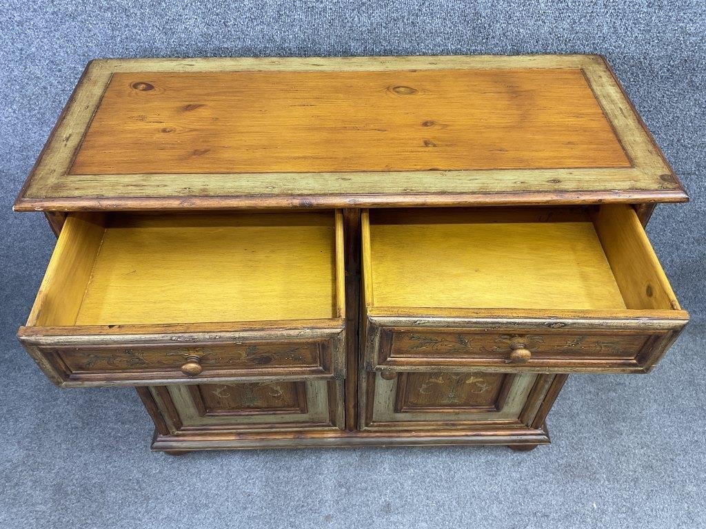 Vintage Hand-Painted Pine Cabinet | European Country Farmhouse Sideboard | Distressed Sage Green & Floral Storage Chest