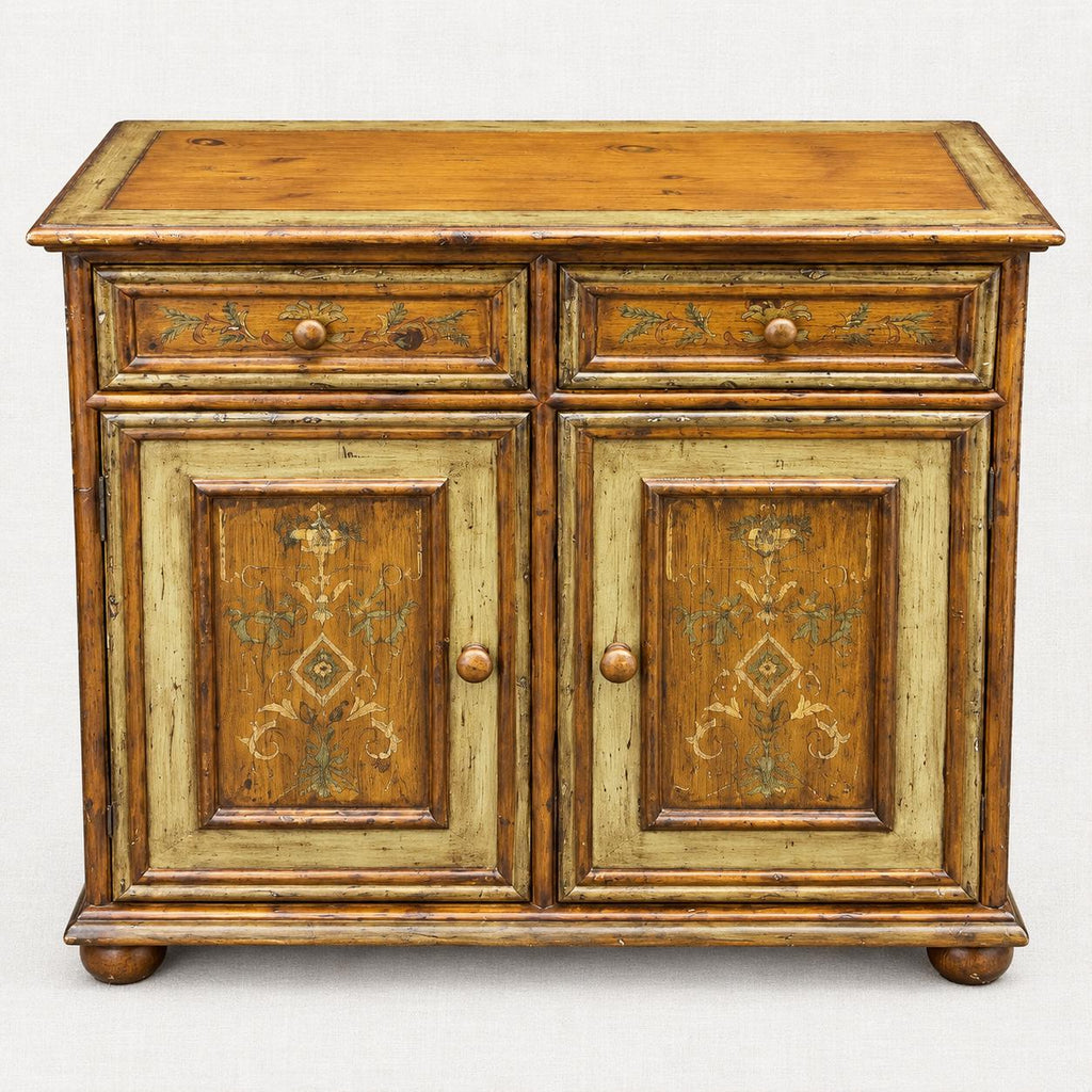 Vintage Hand-Painted Pine Cabinet | European Country Farmhouse Sideboard | Distressed Sage Green & Floral Storage Chest