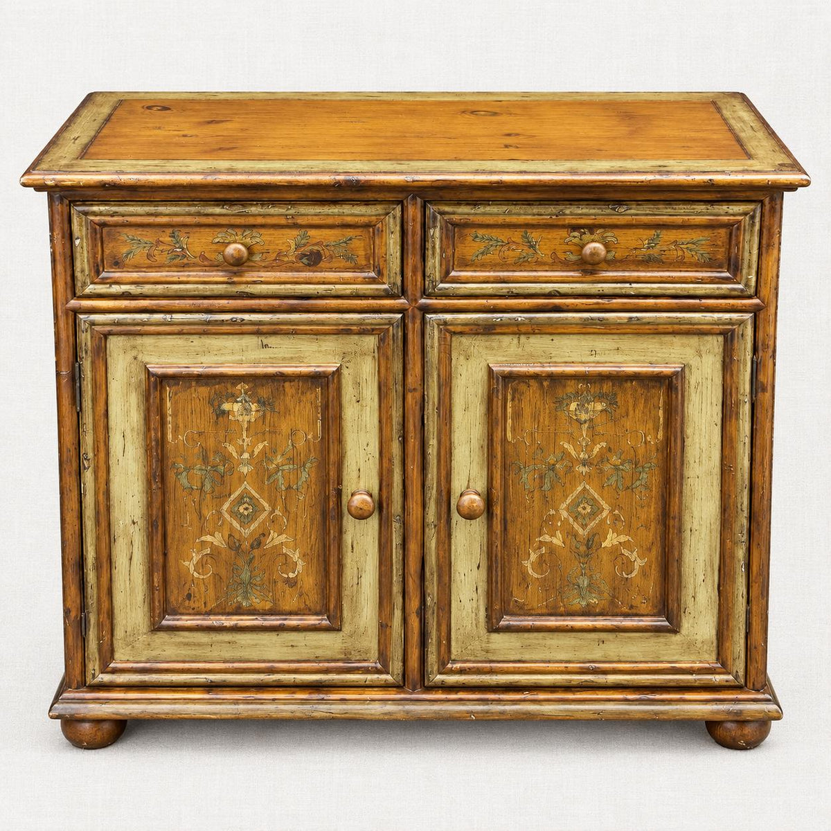 Vintage Hand-Painted Pine Cabinet | European Country Farmhouse Sideboard | Distressed Sage Green & Floral Storage Chest