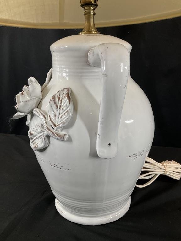 Vintage White Ceramic Urn Table Lamp with Raised Floral Roses | French Country Cottage Lamp