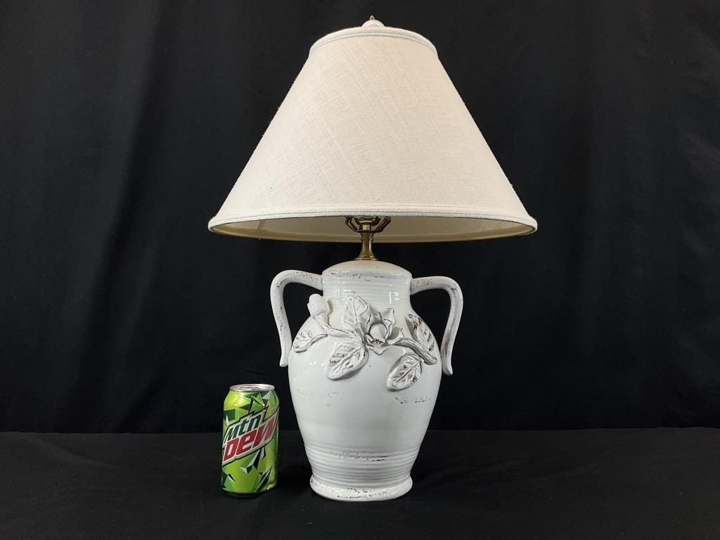 Vintage White Ceramic Urn Table Lamp with Raised Floral Roses | French Country Cottage Lamp