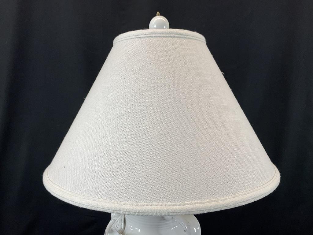 Vintage White Ceramic Urn Table Lamp with Raised Floral Roses | French Country Cottage Lamp