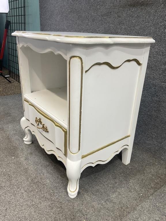 Vintage French Provincial Nightstand, Ivory White & Gold Bedside Table, 1960s French Country Accent Table with Drawer