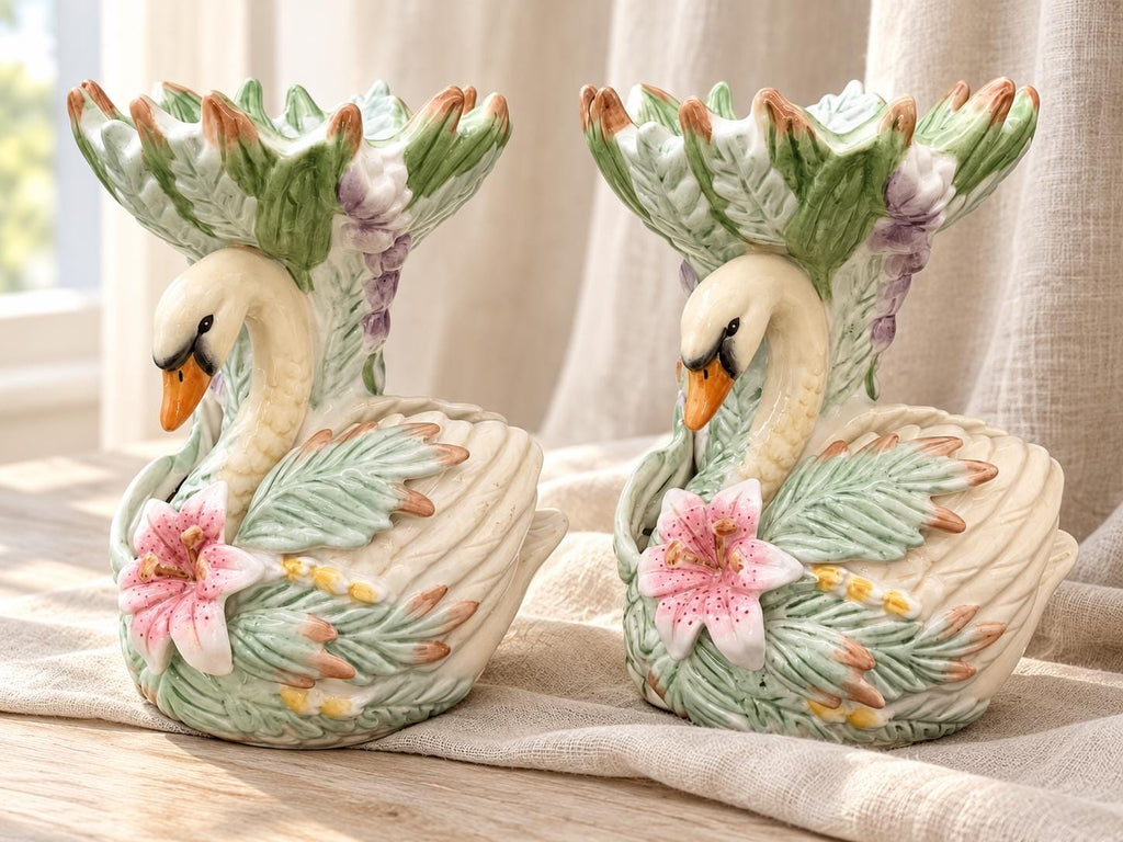 Vintage Fitz and Floyd Classics Swan Candleholders, Glazed Ceramic, 7-Inch Tall