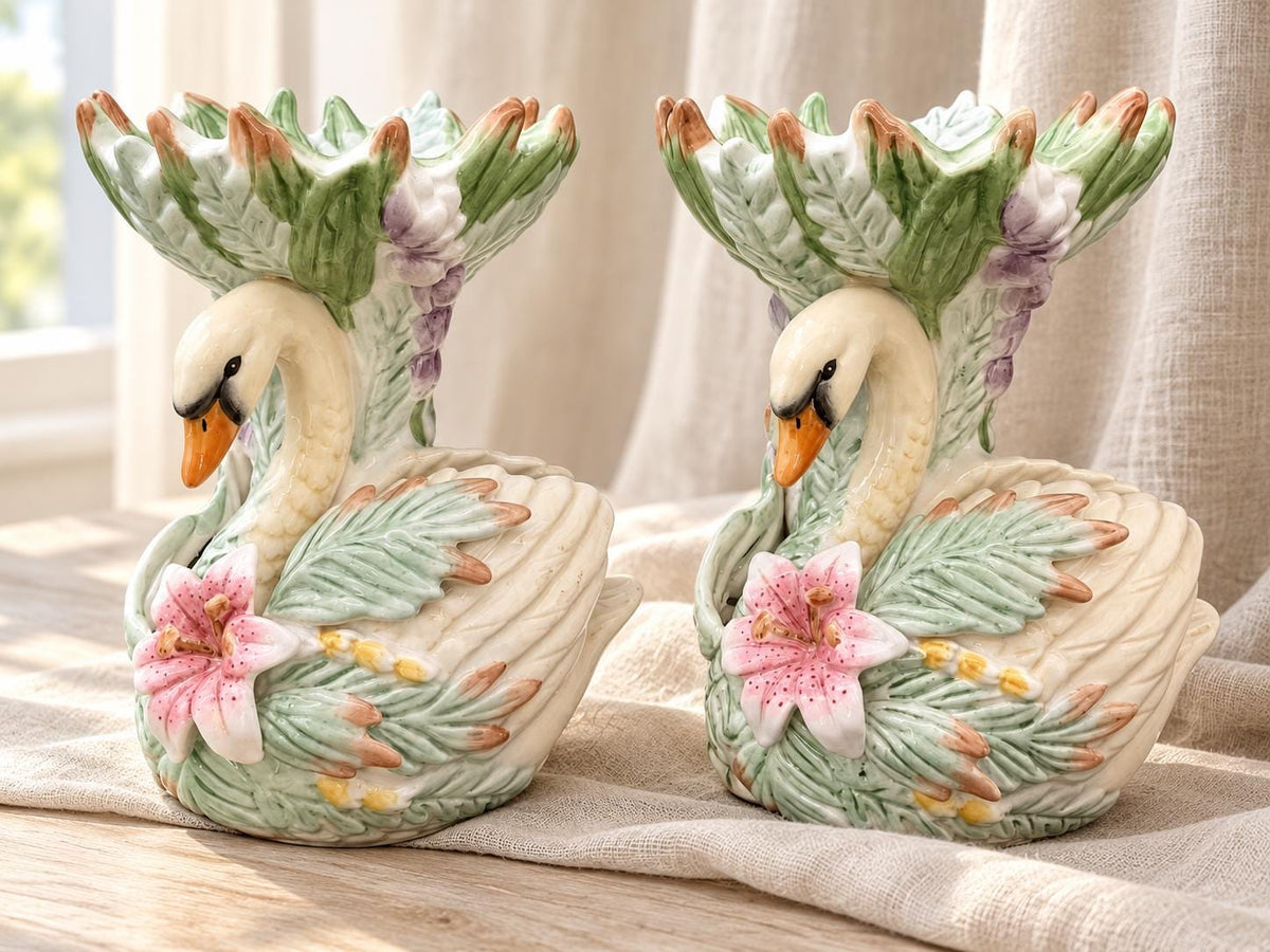 Vintage Fitz and Floyd Classics Swan Candleholders, Glazed Ceramic, 7-Inch Tall