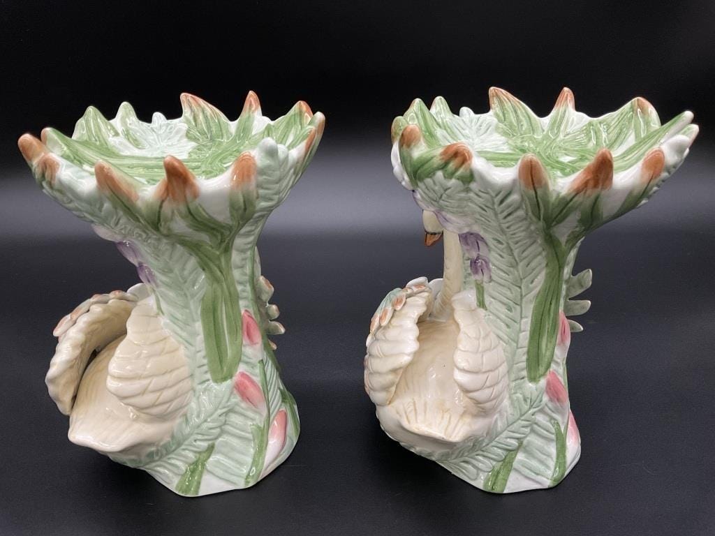 Vintage Fitz and Floyd Classics Swan Candleholders, Glazed Ceramic, 7-Inch Tall