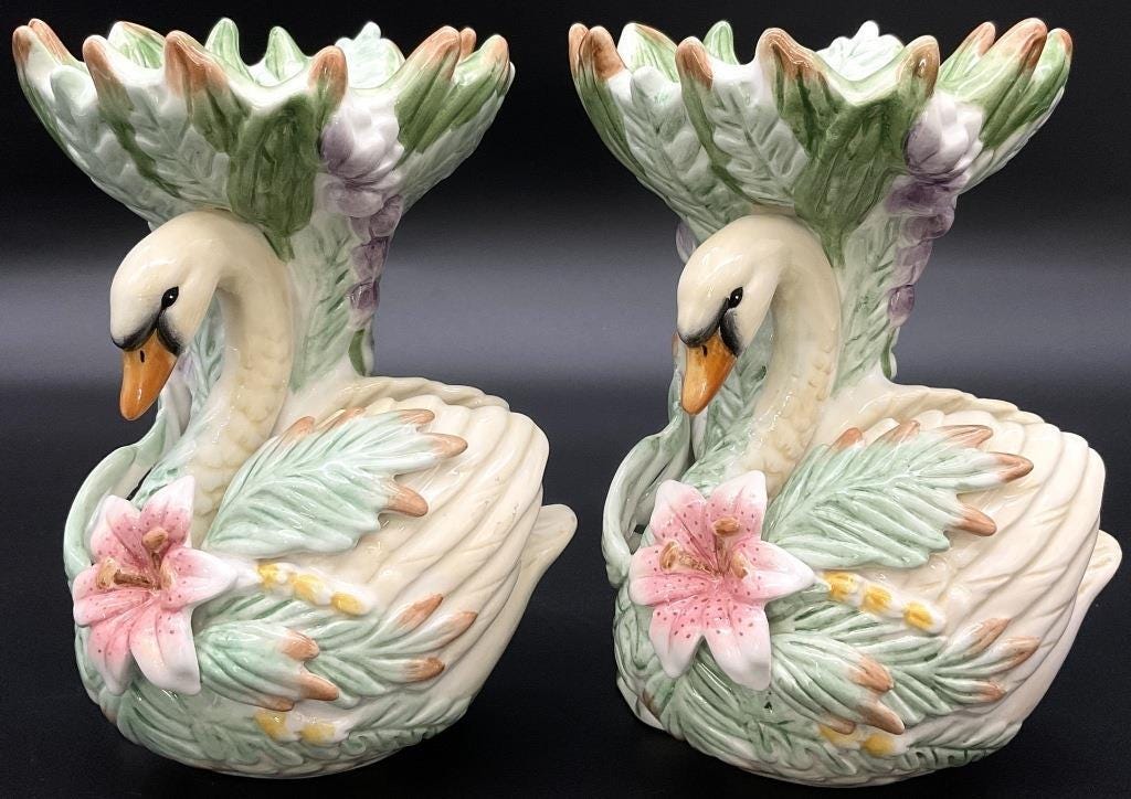 Vintage Fitz and Floyd Classics Swan Candleholders, Glazed Ceramic, 7-Inch Tall