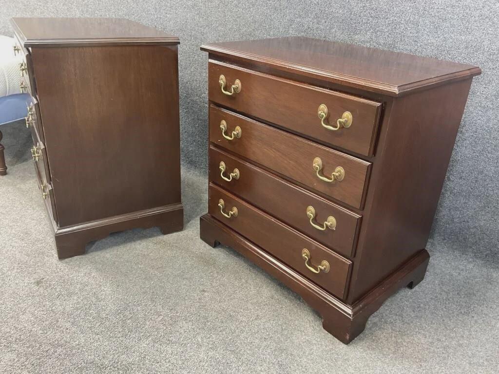 Vintage Caro-Craft Mahogany Nightstands – Matching Pair of Four-Drawer Bedside Chests, Brass Hardware, American Colonial Revival Furniture