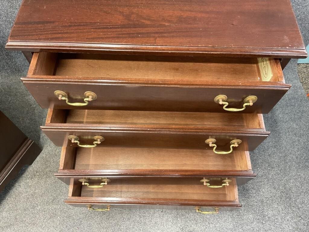 Vintage Caro-Craft Mahogany Nightstands – Matching Pair of Four-Drawer Bedside Chests, Brass Hardware, American Colonial Revival Furniture