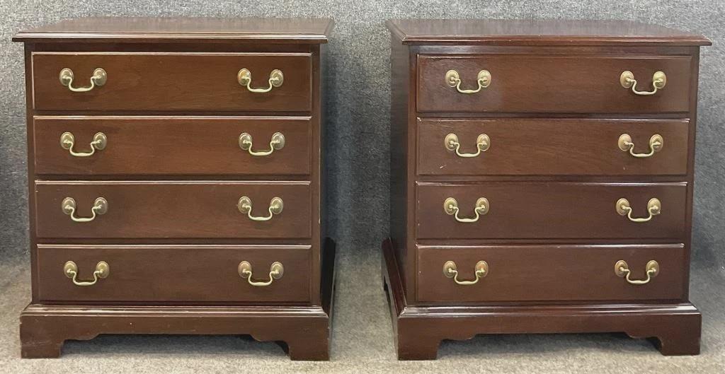 Vintage Caro-Craft Mahogany Nightstands – Matching Pair of Four-Drawer Bedside Chests, Brass Hardware, American Colonial Revival Furniture