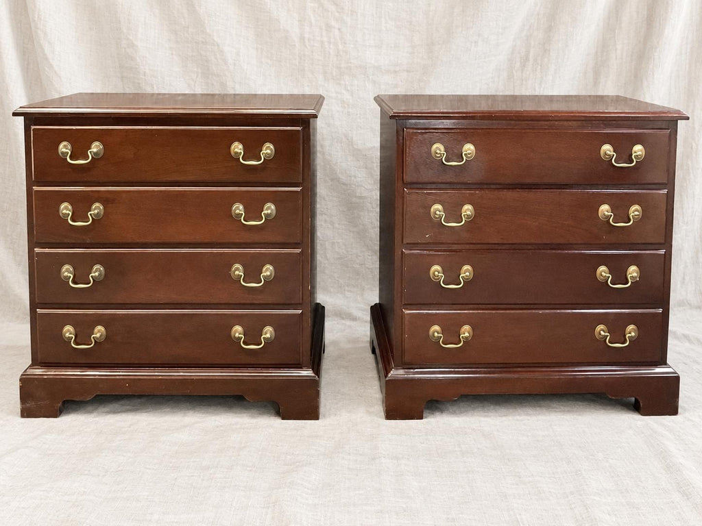 Vintage Caro-Craft Mahogany Nightstands – Matching Pair of Four-Drawer Bedside Chests, Brass Hardware, American Colonial Revival Furniture
