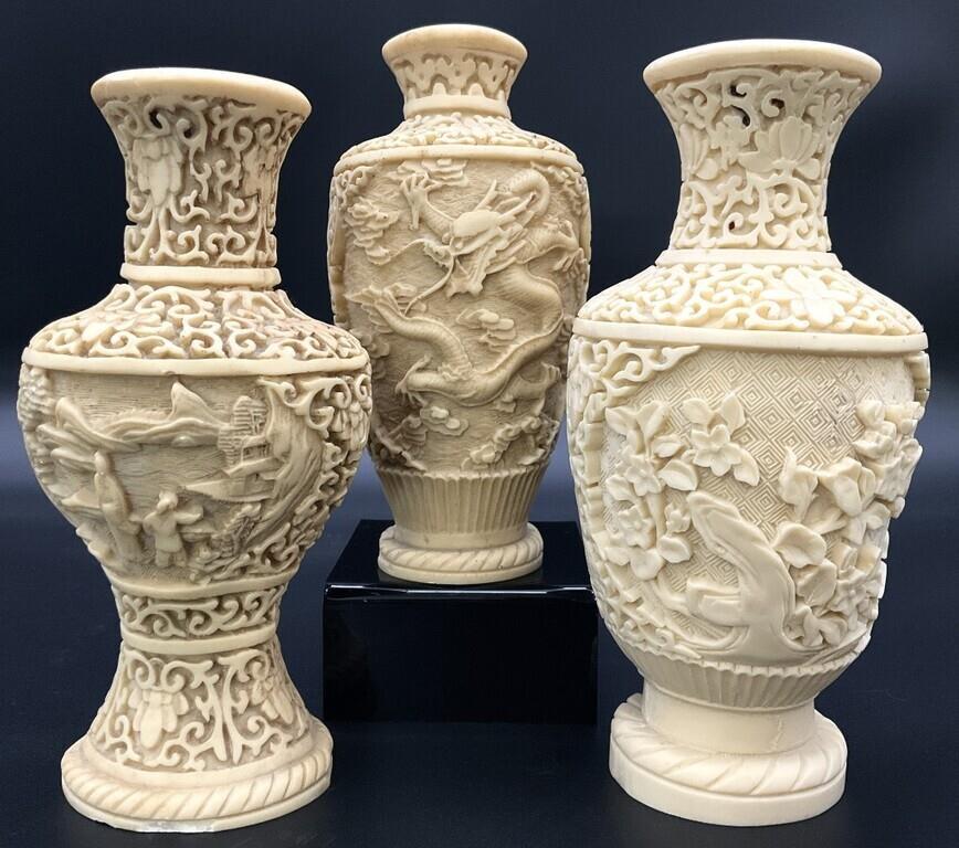 Vintage Norleans Chinoiserie Vase | Ornate Cream Dragon, Bird & Floral or Landscape Design | Grandmillennial Hollywood Regency Decor