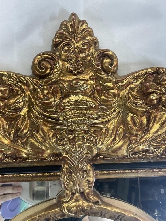 Vintage Gold Wall Mirror, Louis XV Style with Oval Center and Ornate Crest