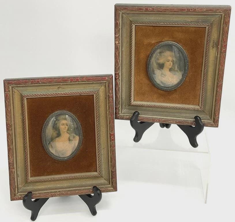 Antique French Miniature Portrait Set of 2 | Ornate Painted Frames | Romantic French Country Wall Art