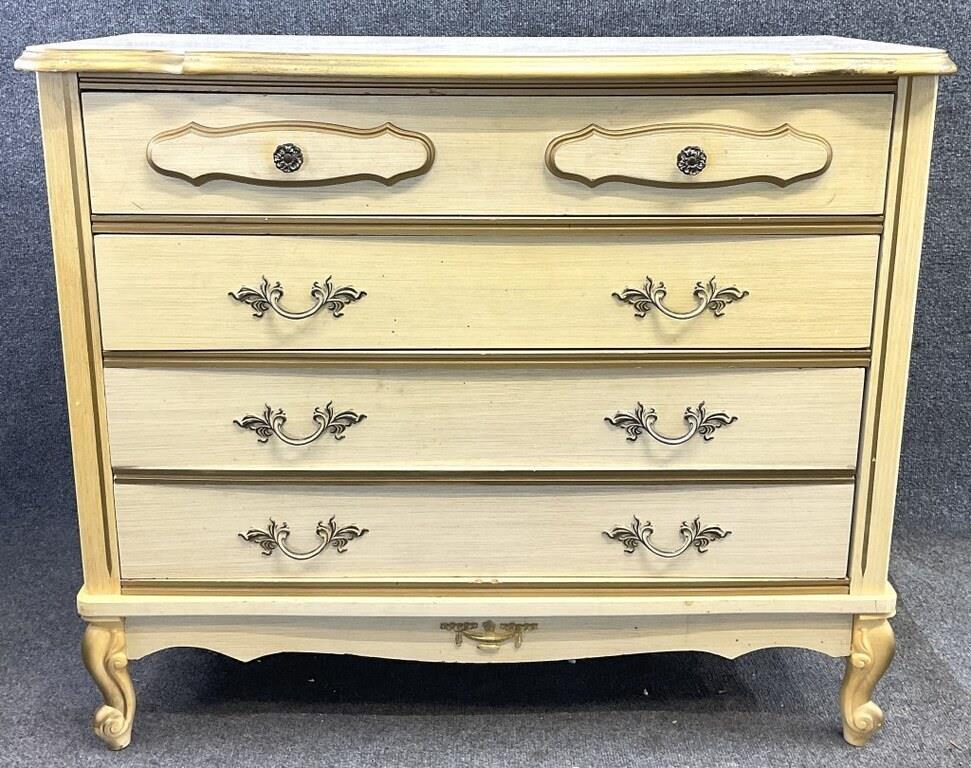 Vintage French Provincial Chest of Drawers | Cream & Gold Four-Drawer Dresser | Ornate French Country Bedroom Furniture