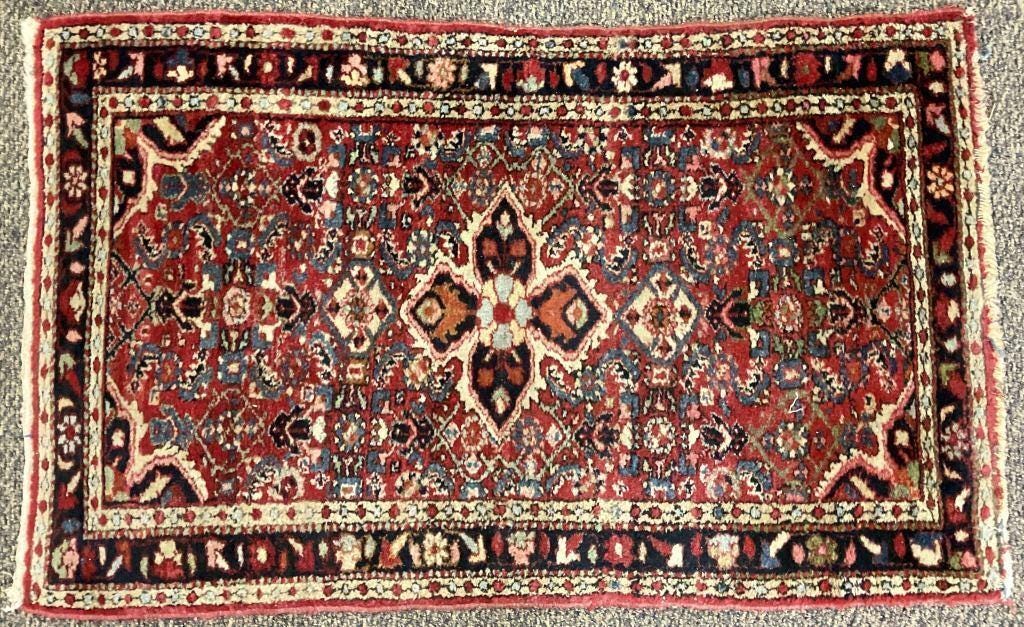 Vintage Hand-Knotted Kitchen Rug, Brick-Red Floral Medallion, 31x50 Inches