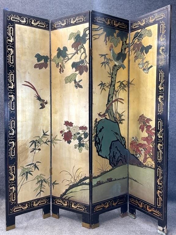 Vintage Chinoiserie Folding Screen, 4 Panel Room Divider, Gold & Black Lacquer, Birds and Flowers, Coromandel Style