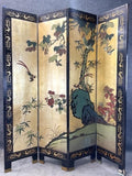 Vintage Chinoiserie Folding Screen, 4 Panel Room Divider, Gold & Black Lacquer, Birds and Flowers, Coromandel Style