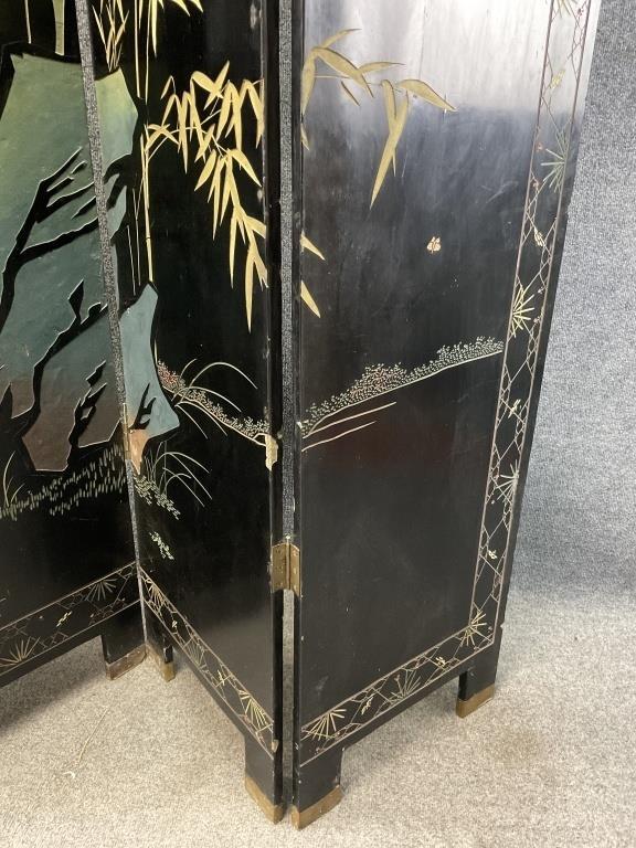 Vintage Chinoiserie Folding Screen, 4 Panel Room Divider, Gold & Black Lacquer, Birds and Flowers, Coromandel Style