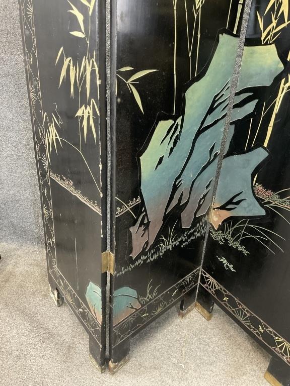 Vintage Chinoiserie Folding Screen, 4 Panel Room Divider, Gold & Black Lacquer, Birds and Flowers, Coromandel Style