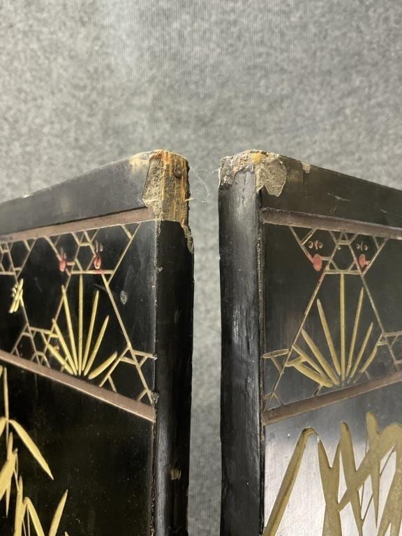 Vintage Chinoiserie Folding Screen, 4 Panel Room Divider, Gold & Black Lacquer, Birds and Flowers, Coromandel Style