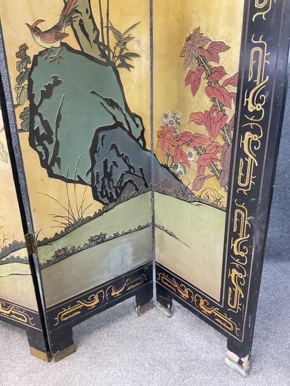 Vintage Chinoiserie Folding Screen, 4 Panel Room Divider, Gold & Black Lacquer, Birds and Flowers, Coromandel Style