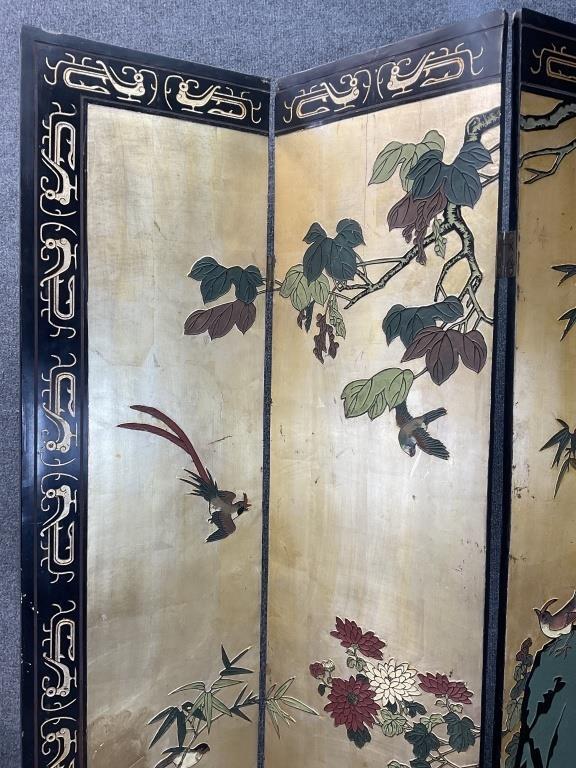 Vintage Chinoiserie Folding Screen, 4 Panel Room Divider, Gold & Black Lacquer, Birds and Flowers, Coromandel Style