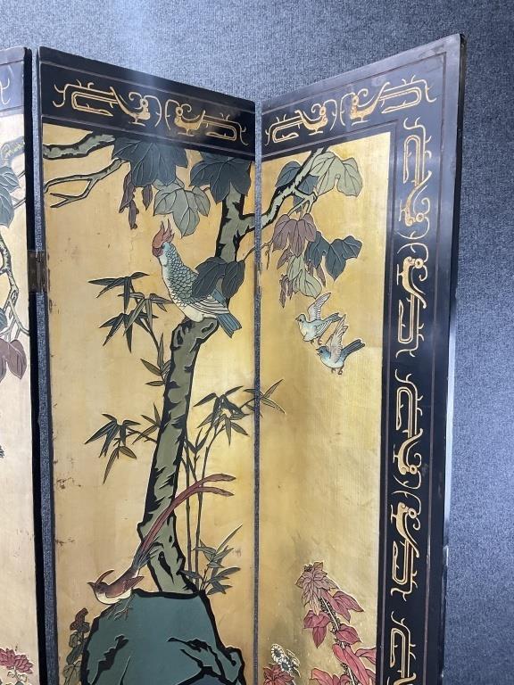 Vintage Chinoiserie Folding Screen, 4 Panel Room Divider, Gold & Black Lacquer, Birds and Flowers, Coromandel Style