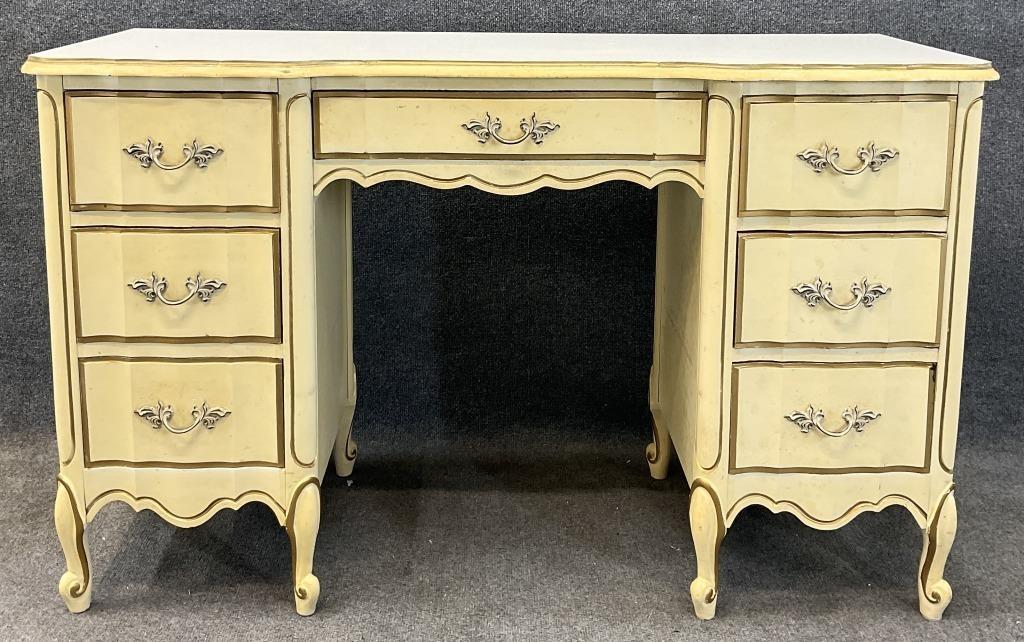 Vintage French Provincial Desk, Cream Finish, Seven Drawers