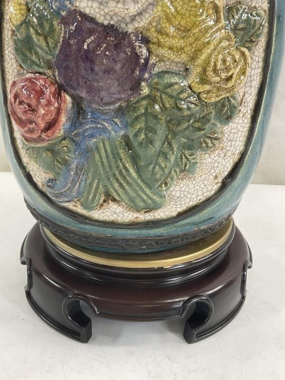 Turquoise Chinoiserie Ceramic Table Lamp, Crackle Glaze Urn with Raised Floral Decoration, Wood Base