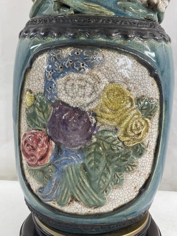 Turquoise Chinoiserie Ceramic Table Lamp, Crackle Glaze Urn with Raised Floral Decoration, Wood Base