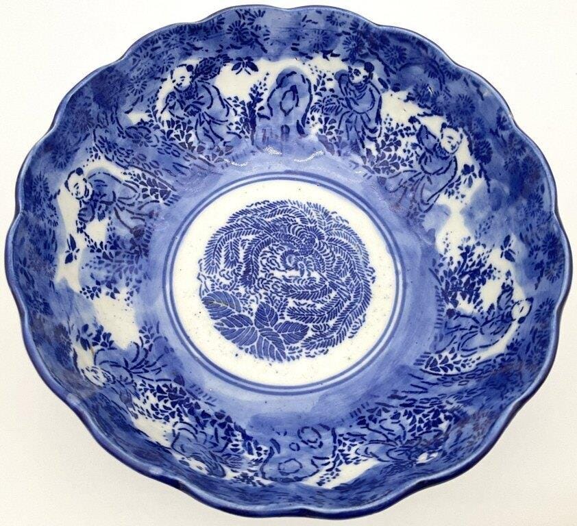 Antique Japanese Blue and White Porcelain Bowl, Scalloped Rim, Katagami Style, Decorative Bowl
